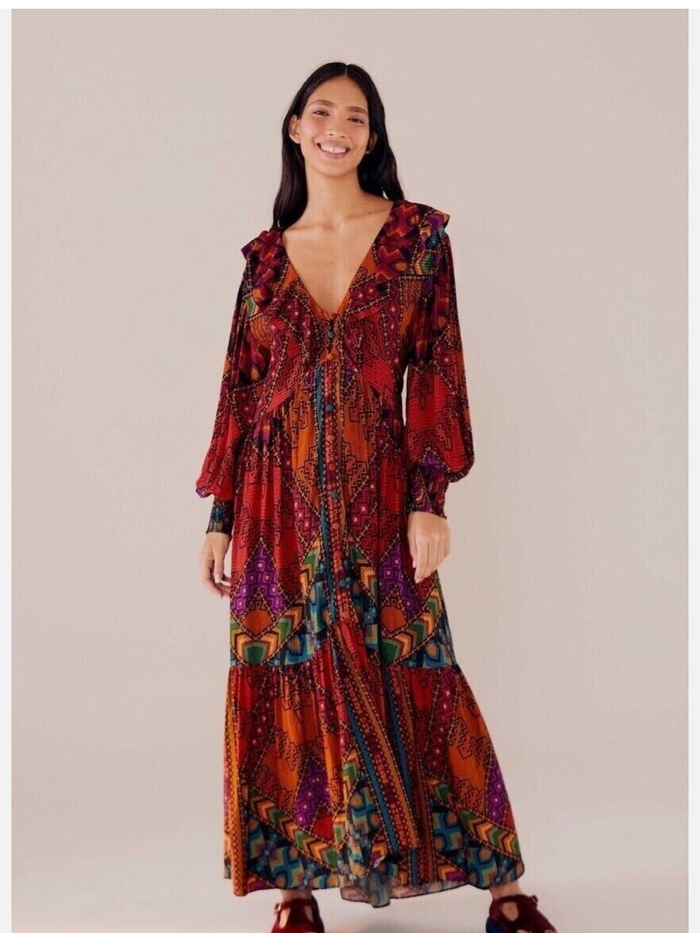 Farm Rio YAWANAWA V-neck Blouson-sleeve Maxi Dress “S” 🆕 - Picture 5 of 11